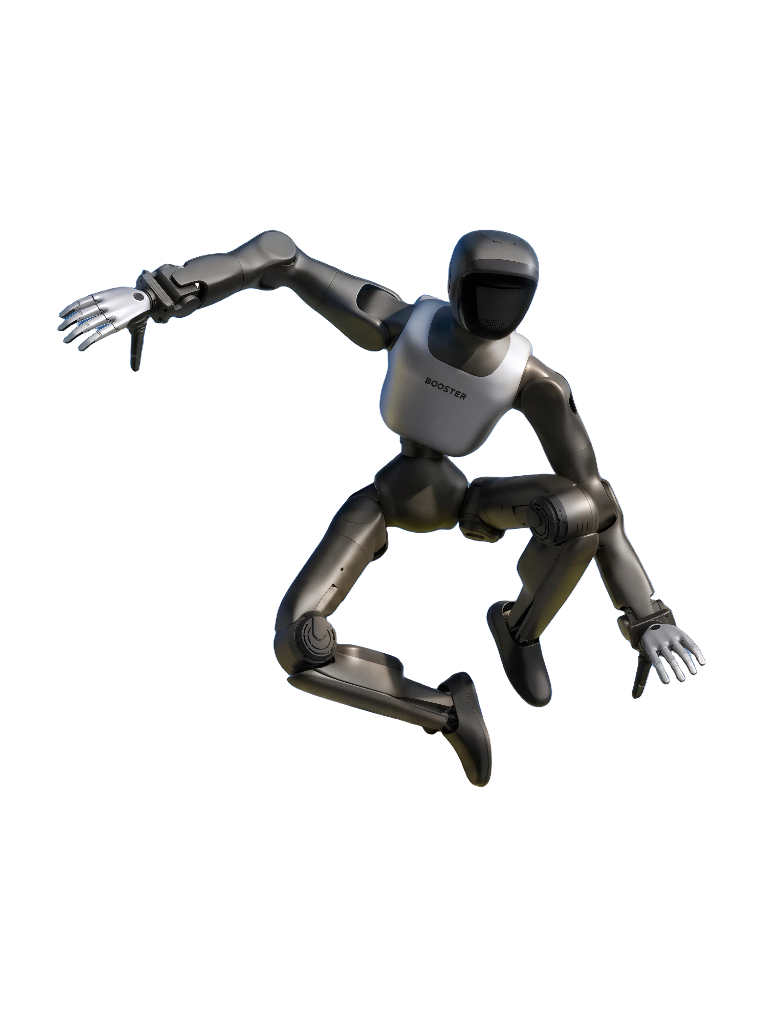 Booster T1, bipedal humanoid robot mid-jump, manufacturer photo