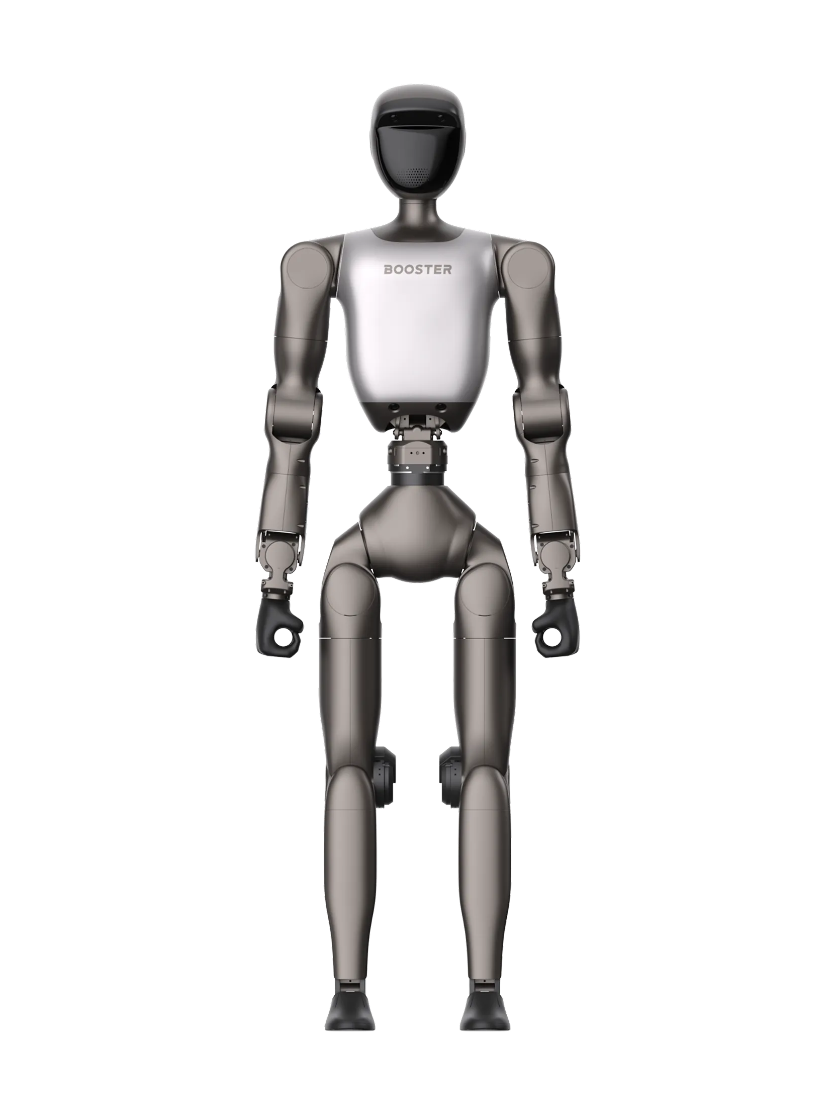 Booster T2, standing bipedal humanoid robot seen from the front, manufacturer product image