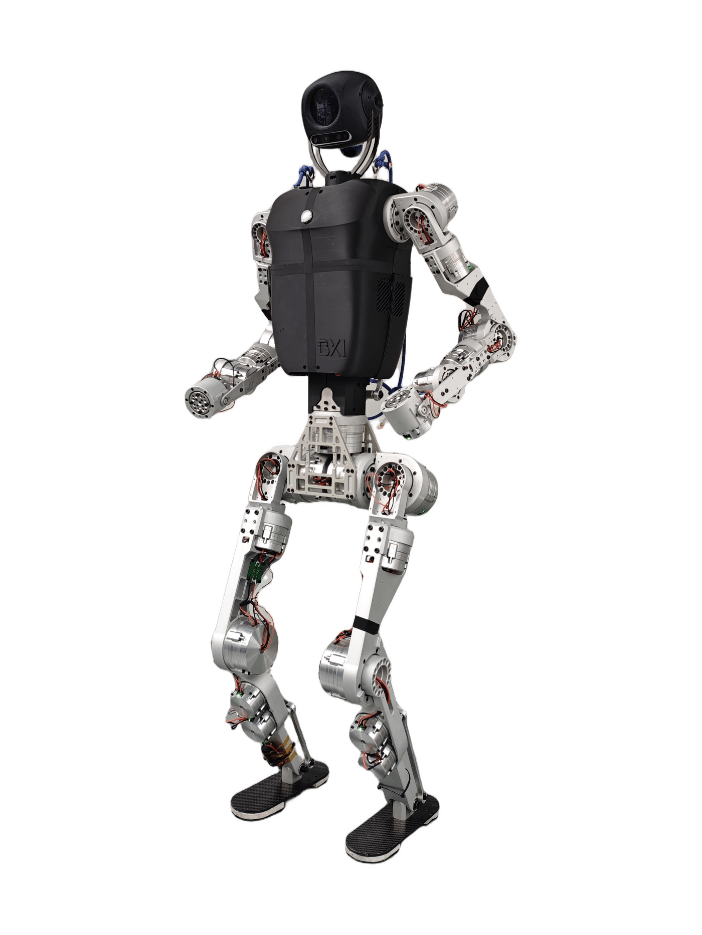 BXI Elf 3, black bipedal humanoid with a black camera head, a black torso box with the BXI mark, exposed silver joints and two black foot plates, seen from a slight front angle