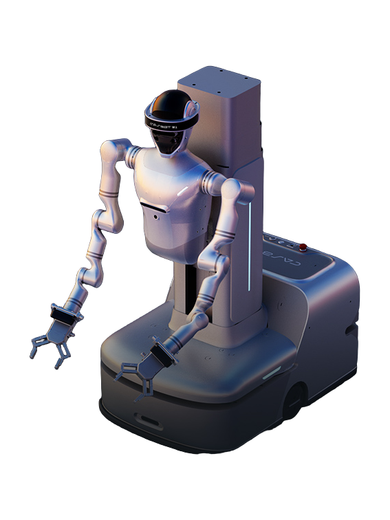CASBOT W1, two-armed humanoid robot with grippers on a lifting column and wheeled base, manufacturer rendering