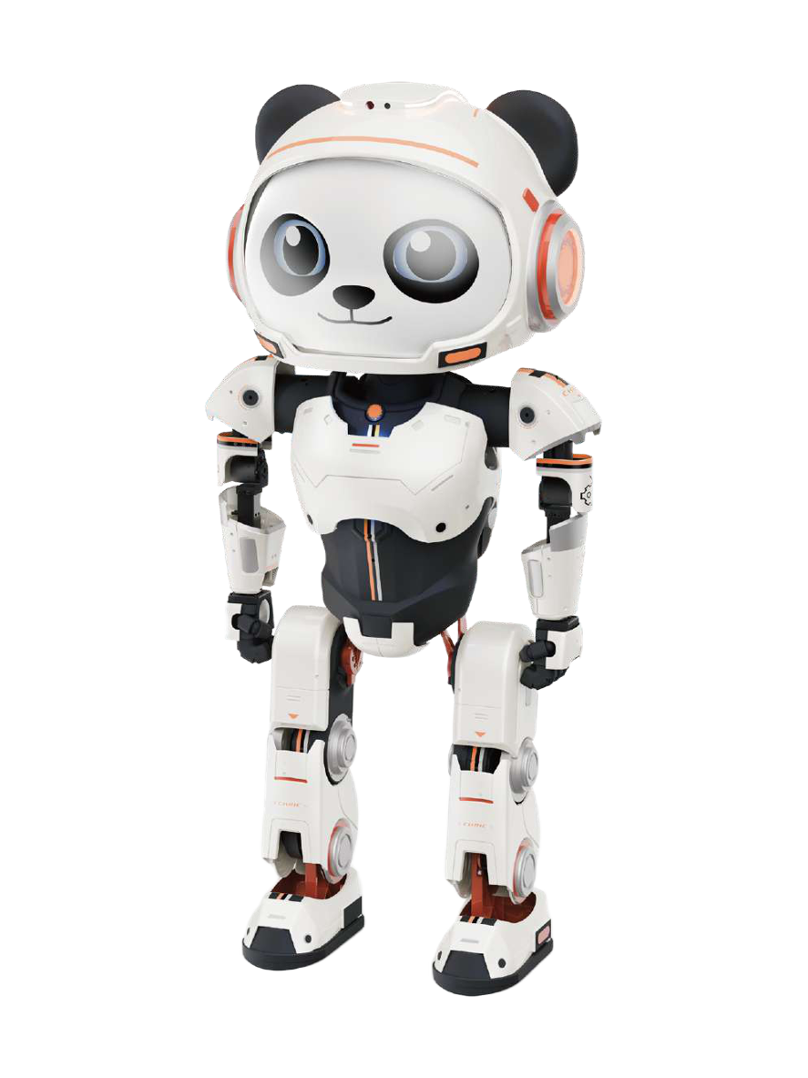 J-PANDA, white and black bipedal humanoid styled as a panda with large drawn eyes, panda ears and orange details, standing, seen at an angle from the front, manufacturer image