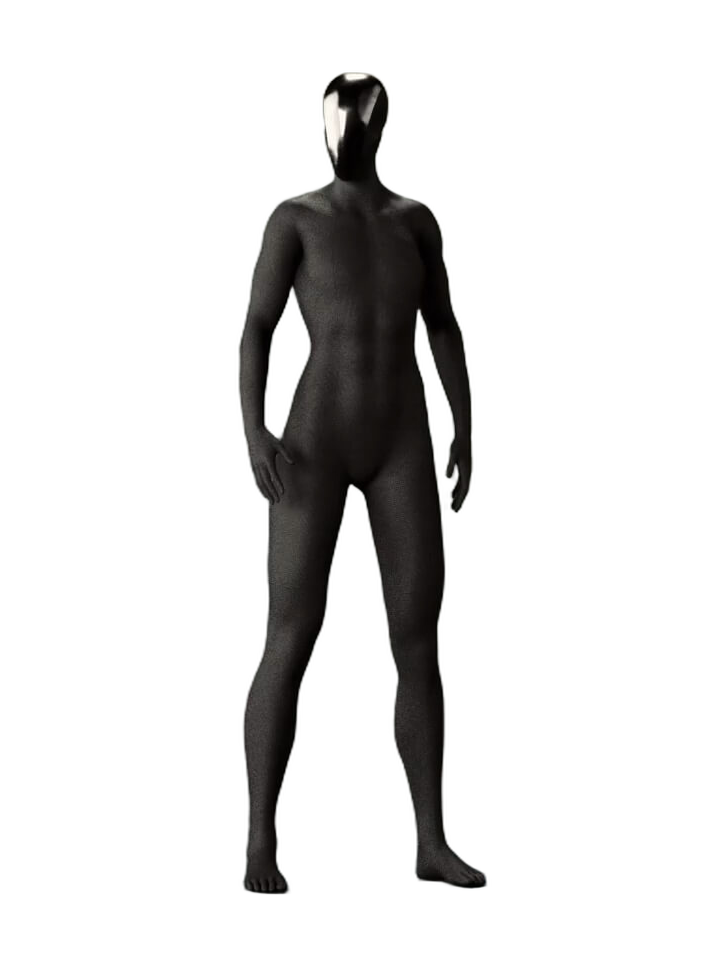Clone Alpha, black humanoid with a muscle-shaped body and a smooth faceless head, manufacturer rendering