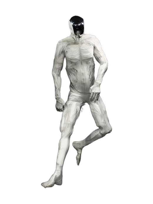 Clone Robotics Protoclone V1, white faceless android with artificial muscles visible under a thin white skin and a glossy black head, with one knee raised, seen from the front, manufacturer image