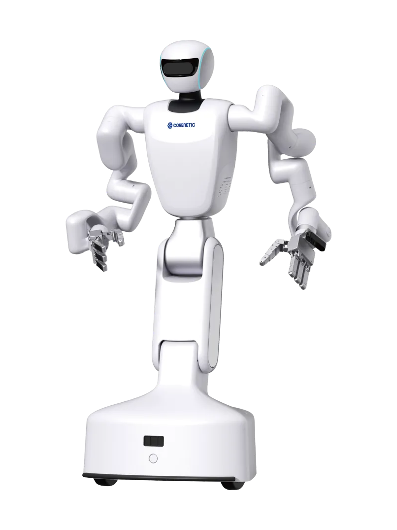 Corenetic Monte01, white humanoid upper body with a black visor and two arms on a white column above a white base, seen from the front, manufacturer rendering