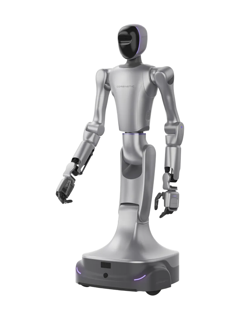 Corenetic Monte02, silver humanoid upper body with a black face panel on a column above a round silver wheeled base, seen at an angle from the front, manufacturer rendering