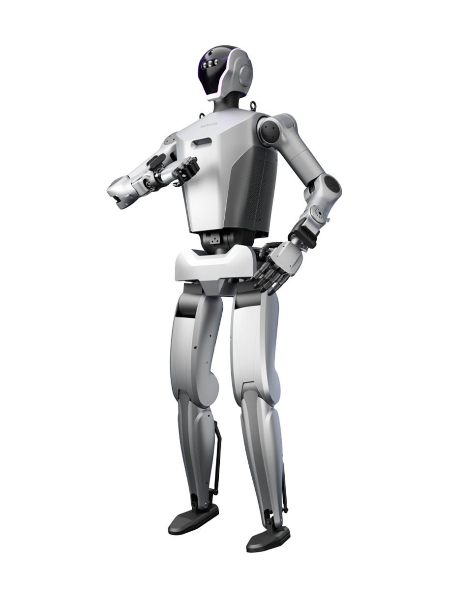 Cyborg-R01, silver and black bipedal humanoid with a purple light in the face and one hand on its hip, seen at an angle from the front, manufacturer rendering