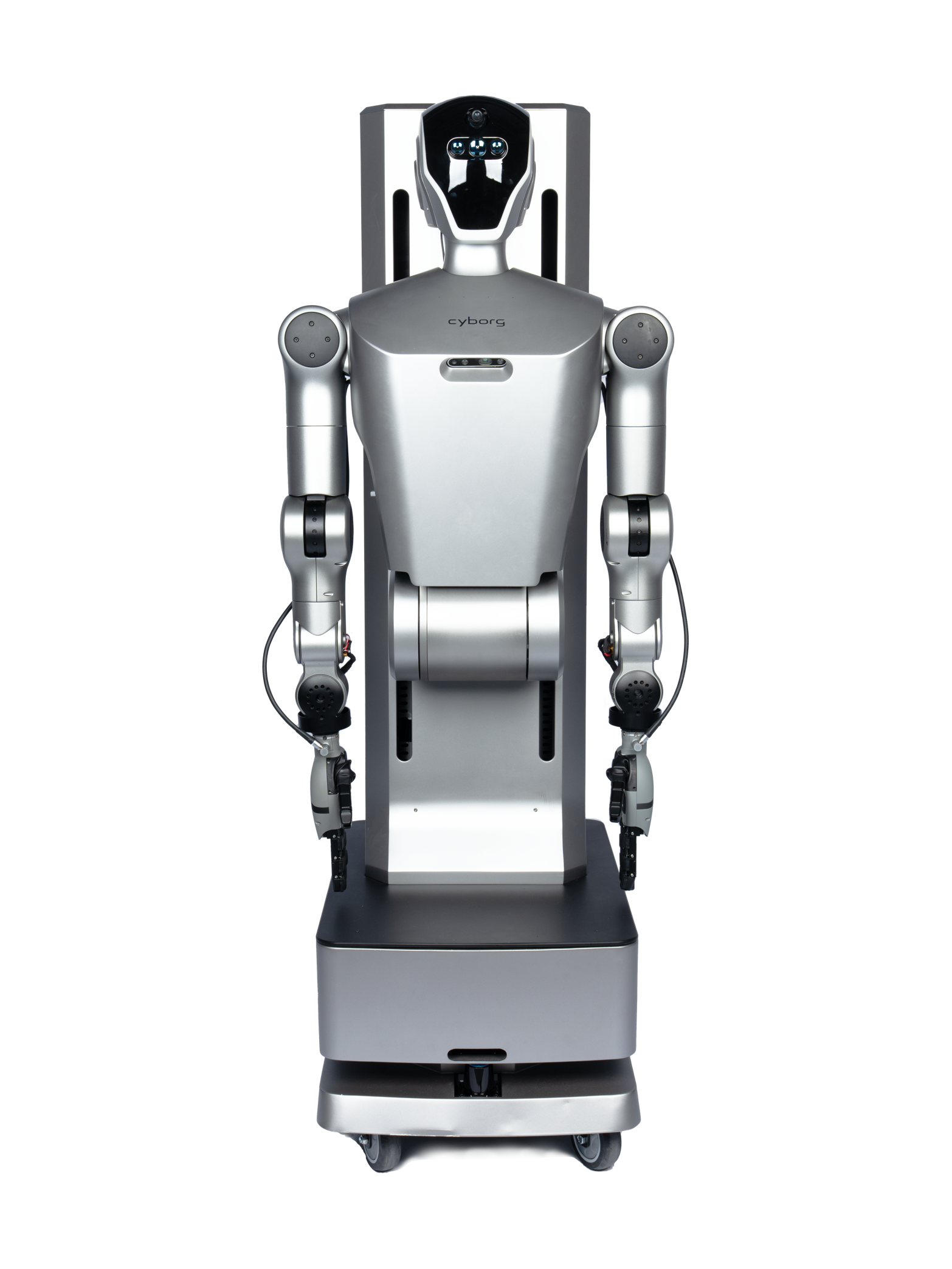 Cyborg-W01, silver humanoid upper body in front of a tall column on a wheeled base, seen from the front, manufacturer rendering