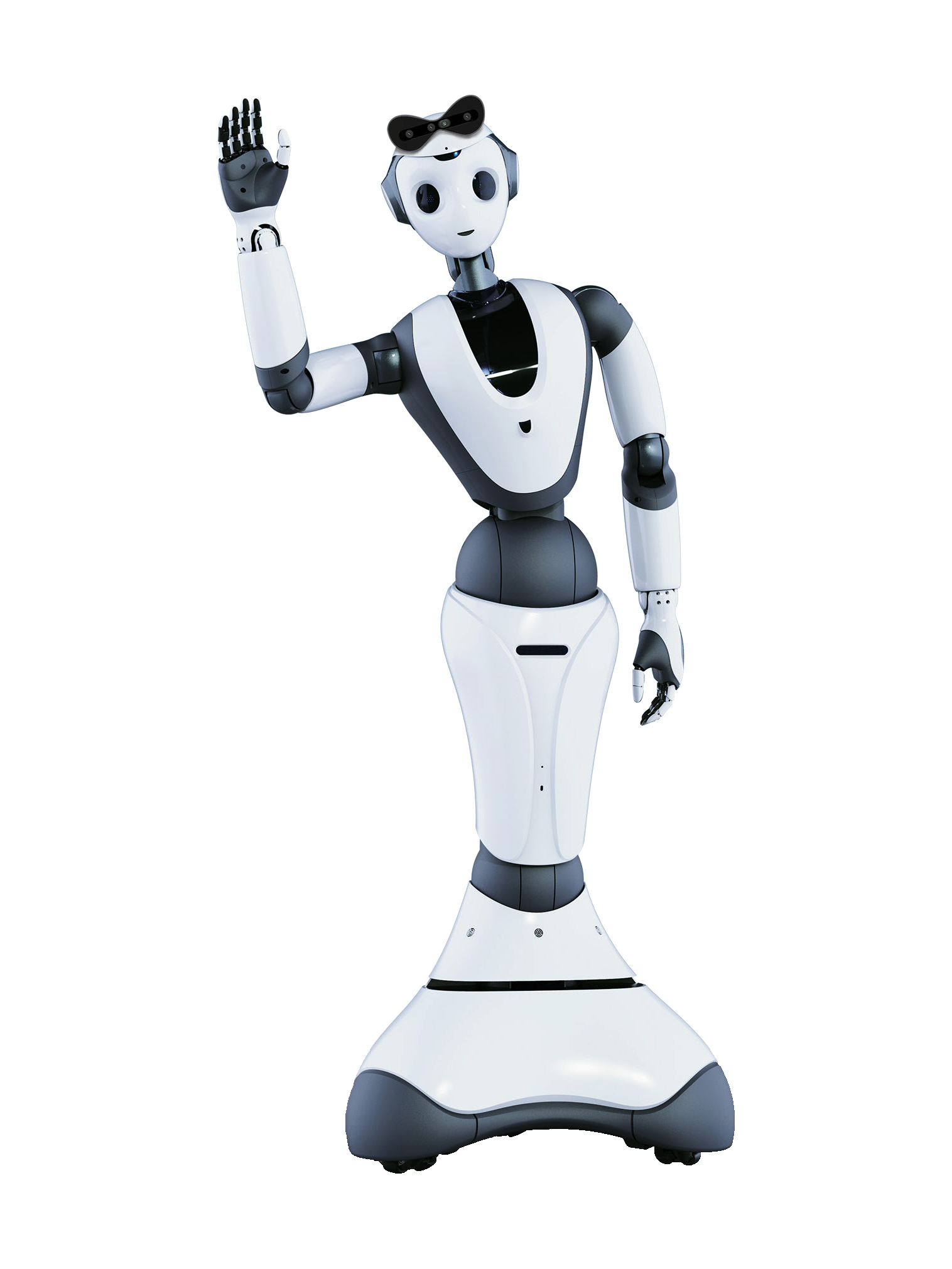 Dataa Robotics Cloud Ginger 1.0, white and dark grey humanoid robot with round black eyes and a black bow on its head, a slim waist and a wide bell-shaped base on wheels, waving its right hand, seen from the front, manufacturer rendering