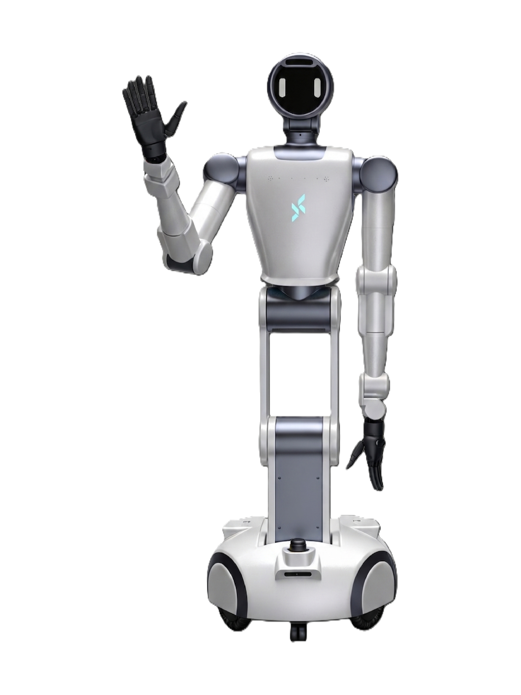 DaxAI X7 Pro, white and grey humanoid on a wheeled base with a round black screen head and two arms with black multi-fingered hands, the right one raised in a wave, seen from the front, manufacturer product image