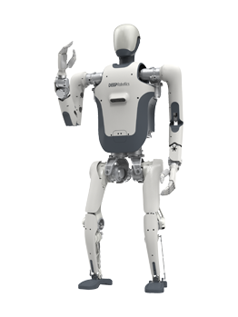 DEEP Robotics DR01, white and grey bipedal humanoid robot waving, manufacturer product image