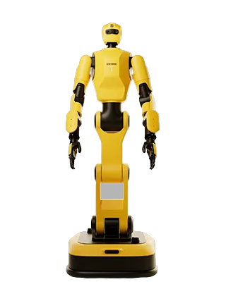DexForce W1 Pro, yellow two-armed humanoid robot on a jointed column and wheeled base, manufacturer product image