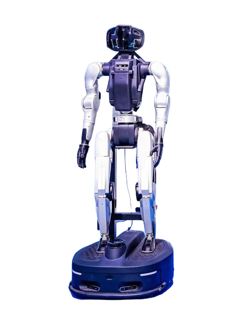 Digital Huaxia Xingxingxia P02, silver and dark blue humanoid with a black visor head, standing with its legs on a dark blue wheeled base, seen from the front, manufacturer photo
