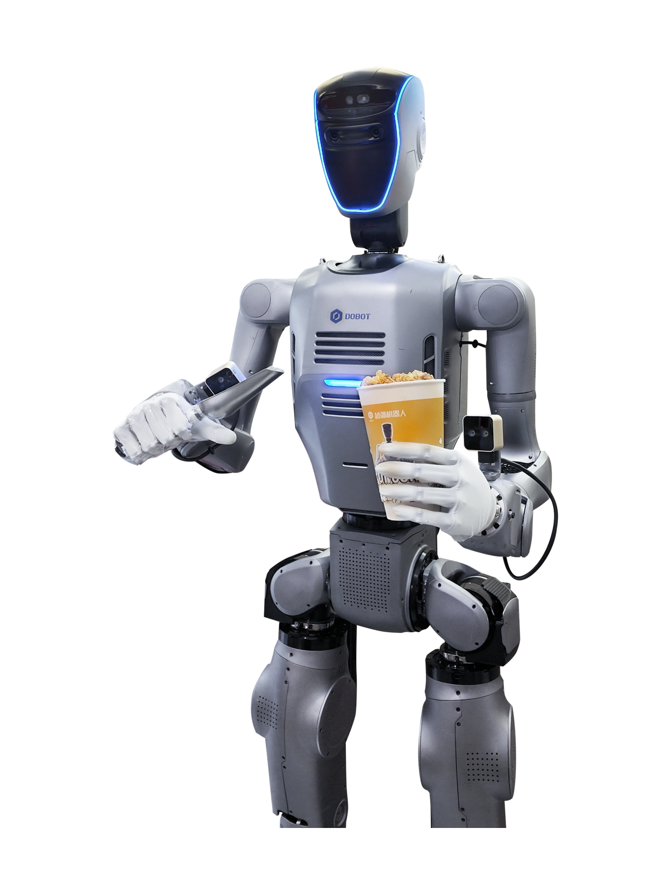 Dobot Atom Max, silver-grey humanoid with a black face panel with a blue light band, white fingered hands holding a cleaning tool and a cup of popcorn, and cameras on the wrists, standing, seen from the front, cropped below the knees, manufacturer photo
