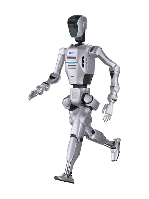 Dobot Atom, silver bipedal humanoid robot mid-stride, manufacturer product image
