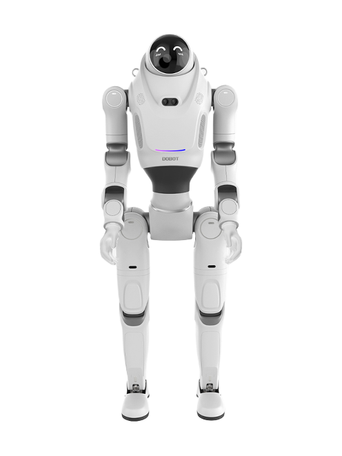Dobot LUMO, white humanoid with a round head with a black face screen showing smiling eyes, grey joints, the DOBOT logo and a purple light strip on the chest, standing with arms down, seen from the front, manufacturer image