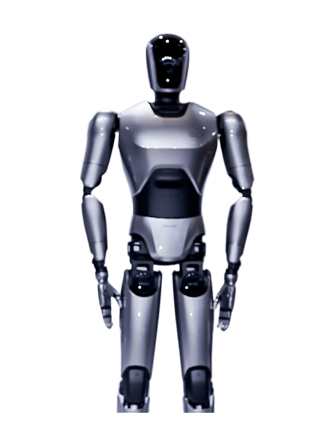 Dreame Universal Humanoid Robot, silver-grey bipedal humanoid with a glossy black faceless head, a black midsection and its arms down along the body, standing, seen from the front, cropped below the knees, manufacturer photo