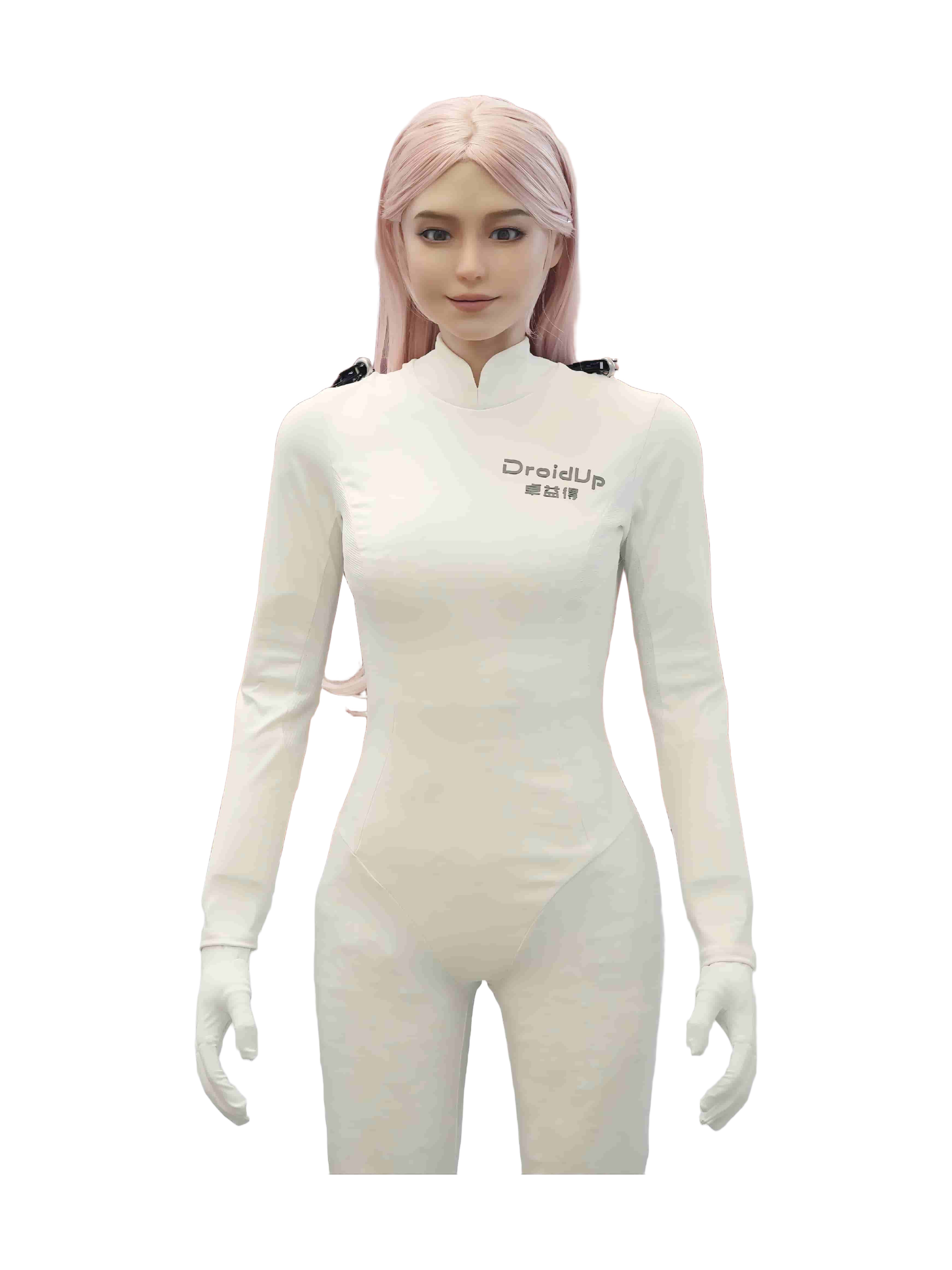 DroidUp Moya, humanoid with pink hair and a realistic face in a white bodysuit with the DroidUp logo, standing with its arms down, seen from the front, cropped at the thighs, manufacturer photo