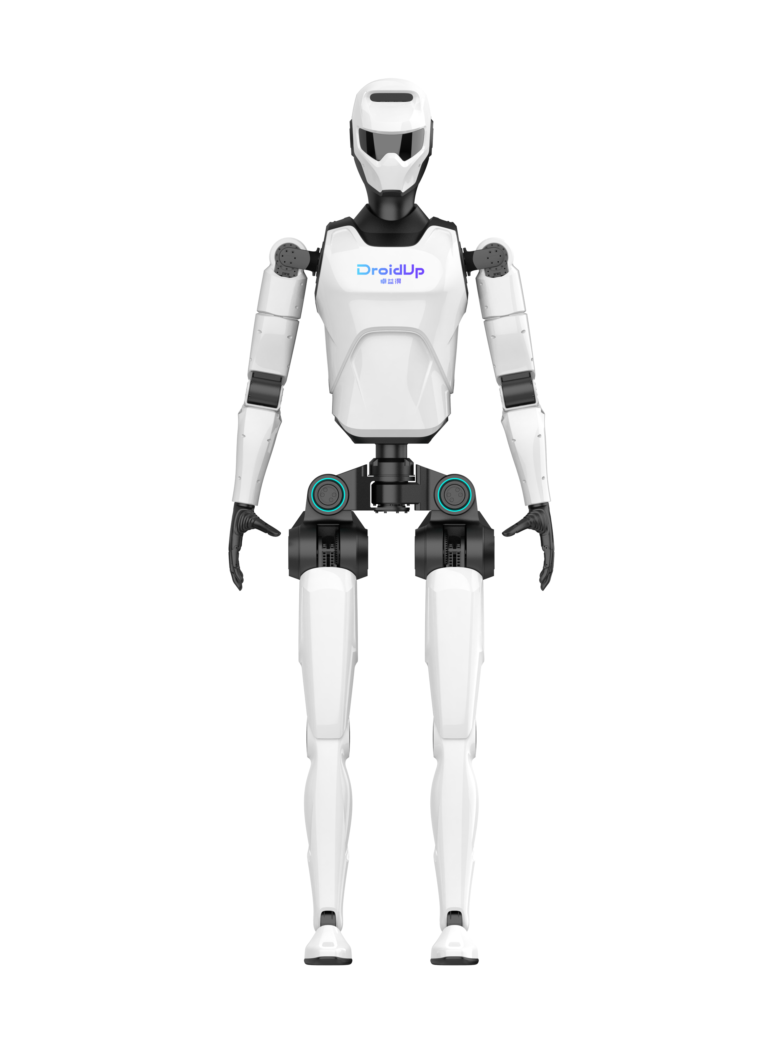 DroidUp Xingzhe 2, white and black bipedal humanoid robot seen from the front, manufacturer product image