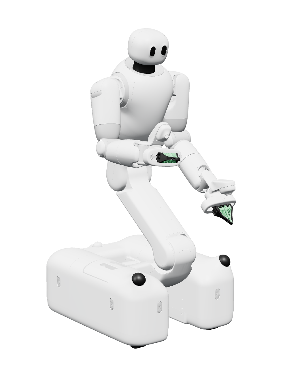 DYNA Taku, white semi-humanoid with a round head with two black eyes, two arms with green gripper fingers and an upper body on a single leg on a wide wheeled base, leaning forward, seen at an angle from the front, manufacturer rendering