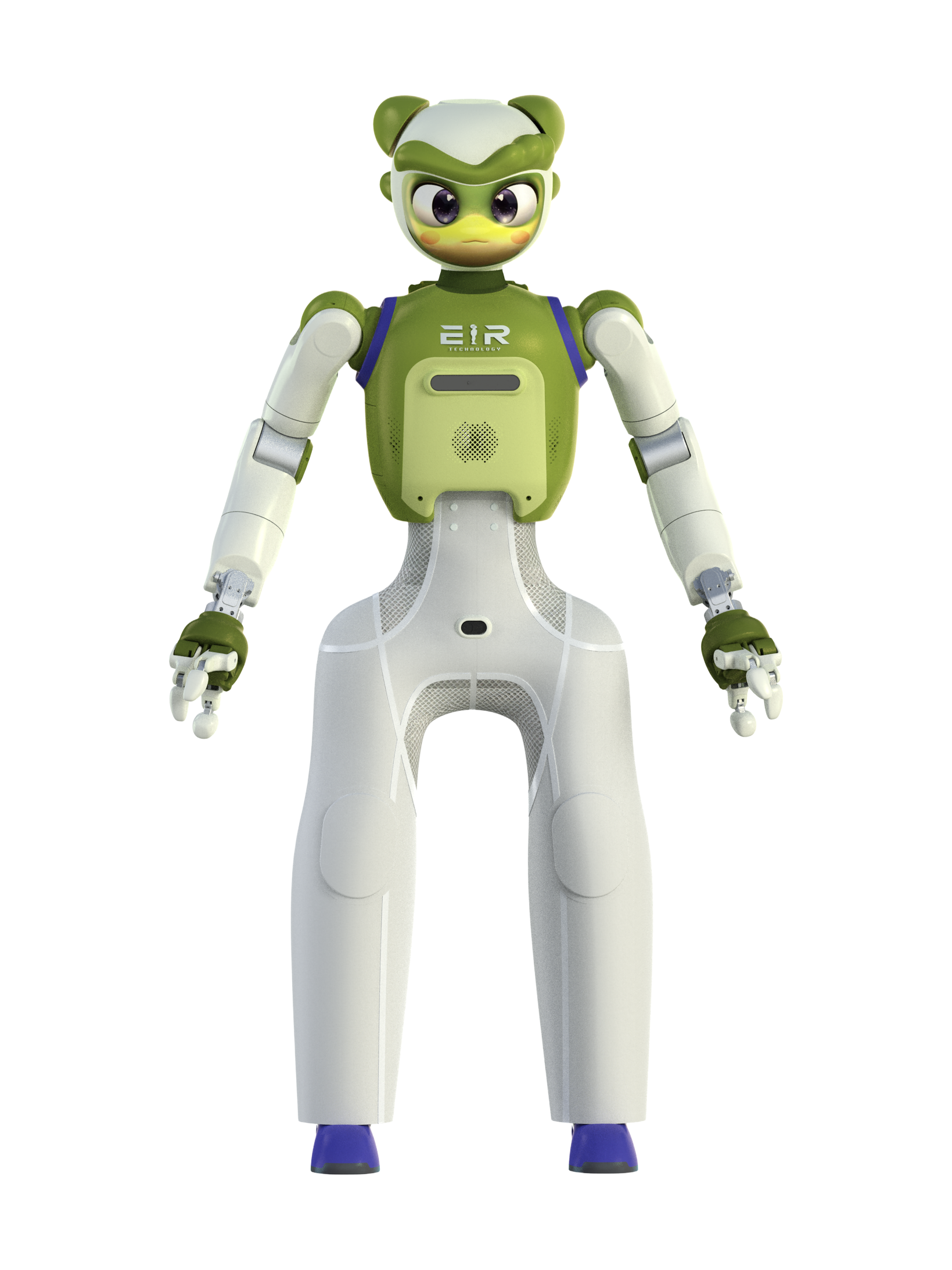 EIR AIQ, interaction edition, bipedal humanoid with a green and white body, a large cartoon-like face with purple eyes, green hands and white covered legs with blue feet, standing with its arms down, seen from the front, manufacturer rendering