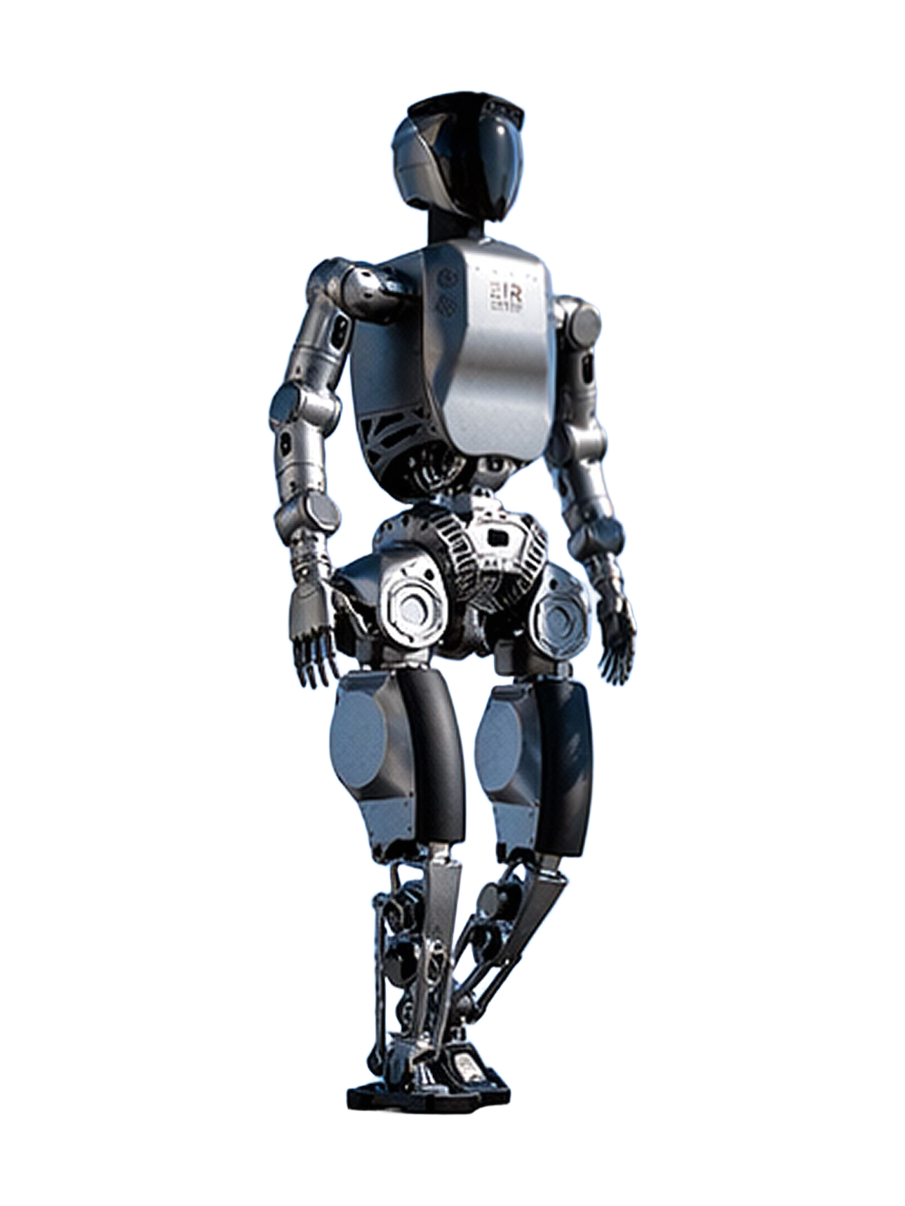 EIR SkyWalker II, silver-grey and black bipedal humanoid with a black helmet-shaped head with a dark visor and exposed hip and ankle joints, walking, seen at an angle from the front, manufacturer image