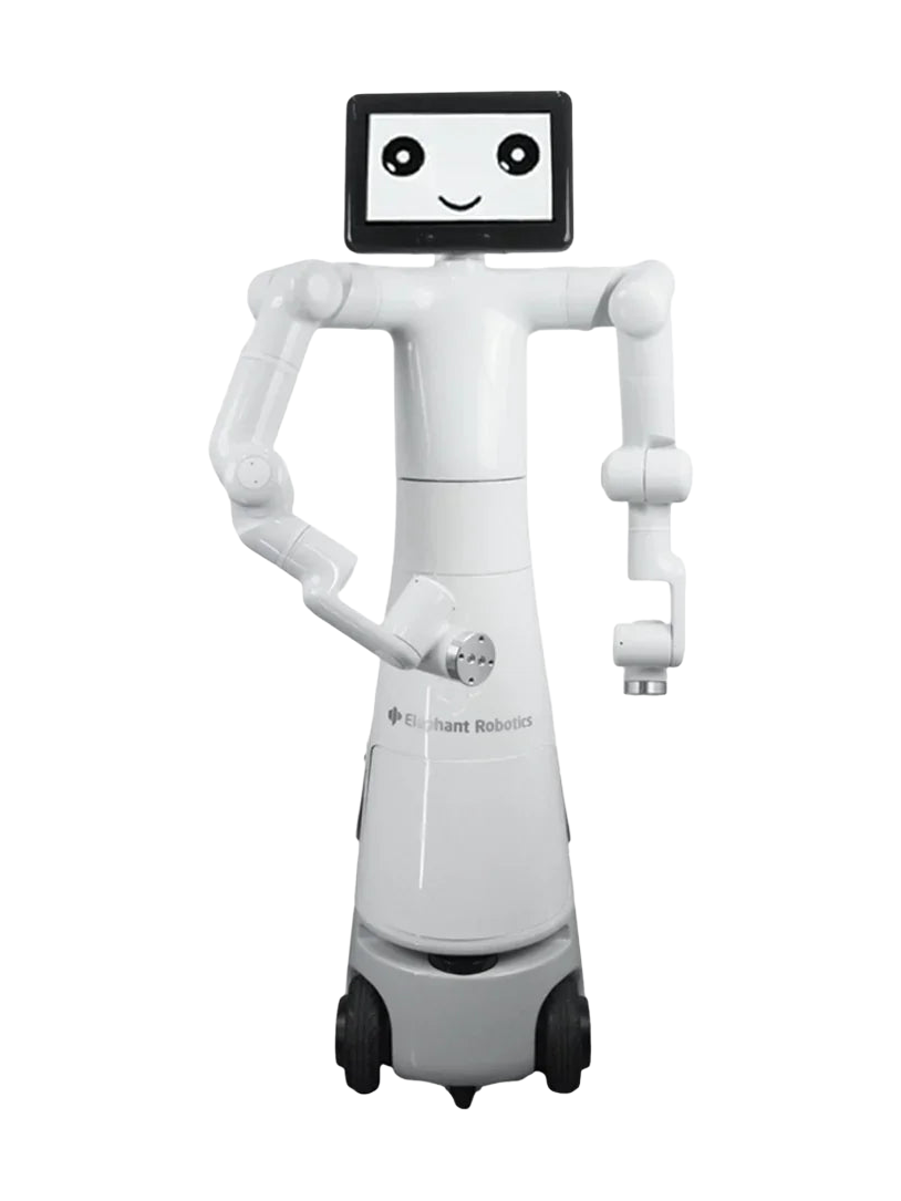 Elephant Robotics Mercury X1, white robot with a screen head showing a cartoon face and two white arms on a white body above a wheeled base, seen from the front, manufacturer image