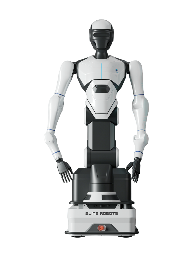 Elite Robots Centaur-G1, white and black humanoid upper body with a black helmet-shaped head with a visor and two long white arms with black hands, on a black column on a white and black wheeled base marked ELITE ROBOTS, seen from the front, manufacturer rendering