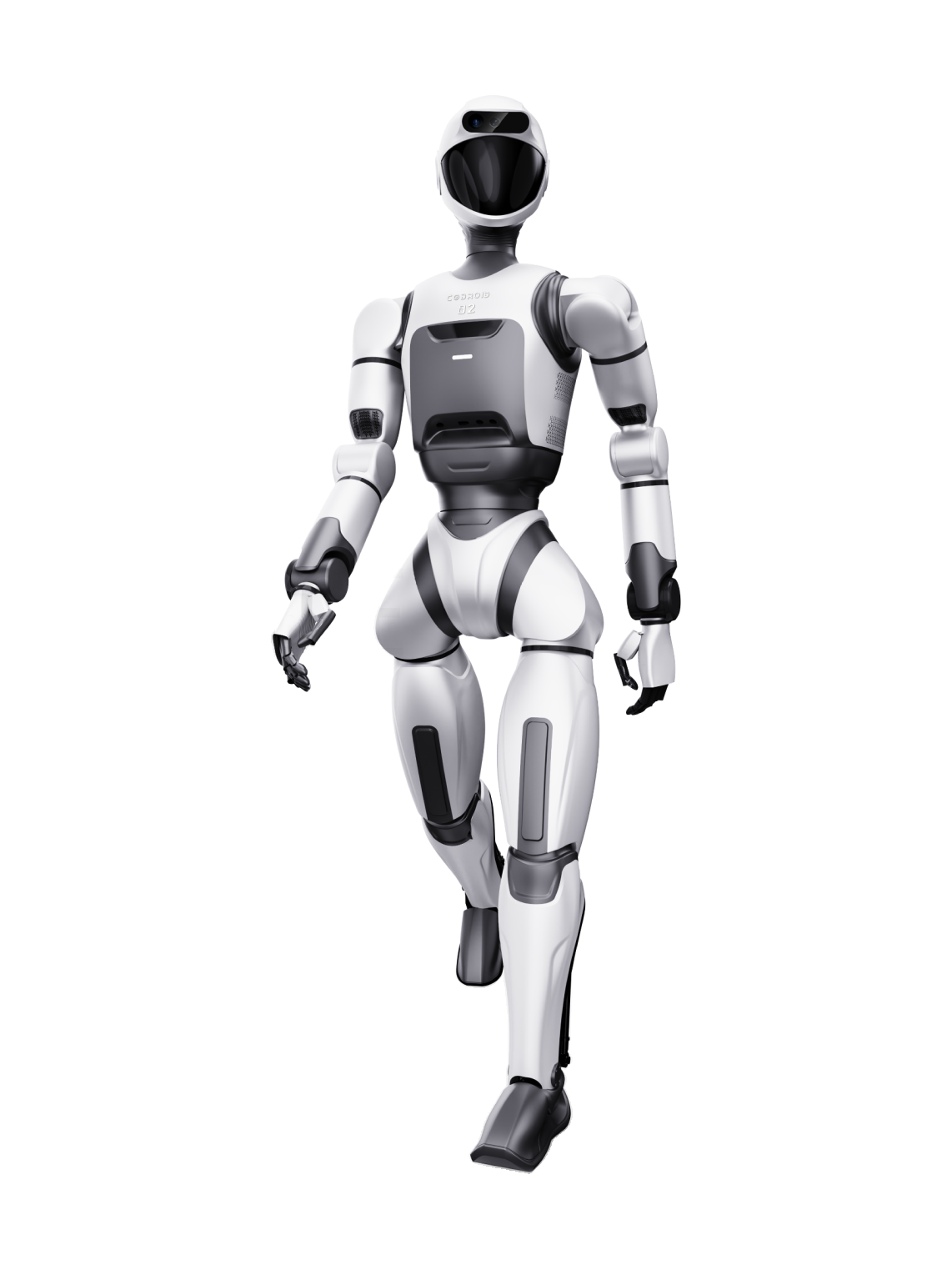Estun CODROID 02, white and dark grey bipedal humanoid robot with a white helmet and black visor, a white upper chest marked CODROID 02 above a grey chest panel and white arms and hands with black fingers, walking, seen from the front, manufacturer rendering