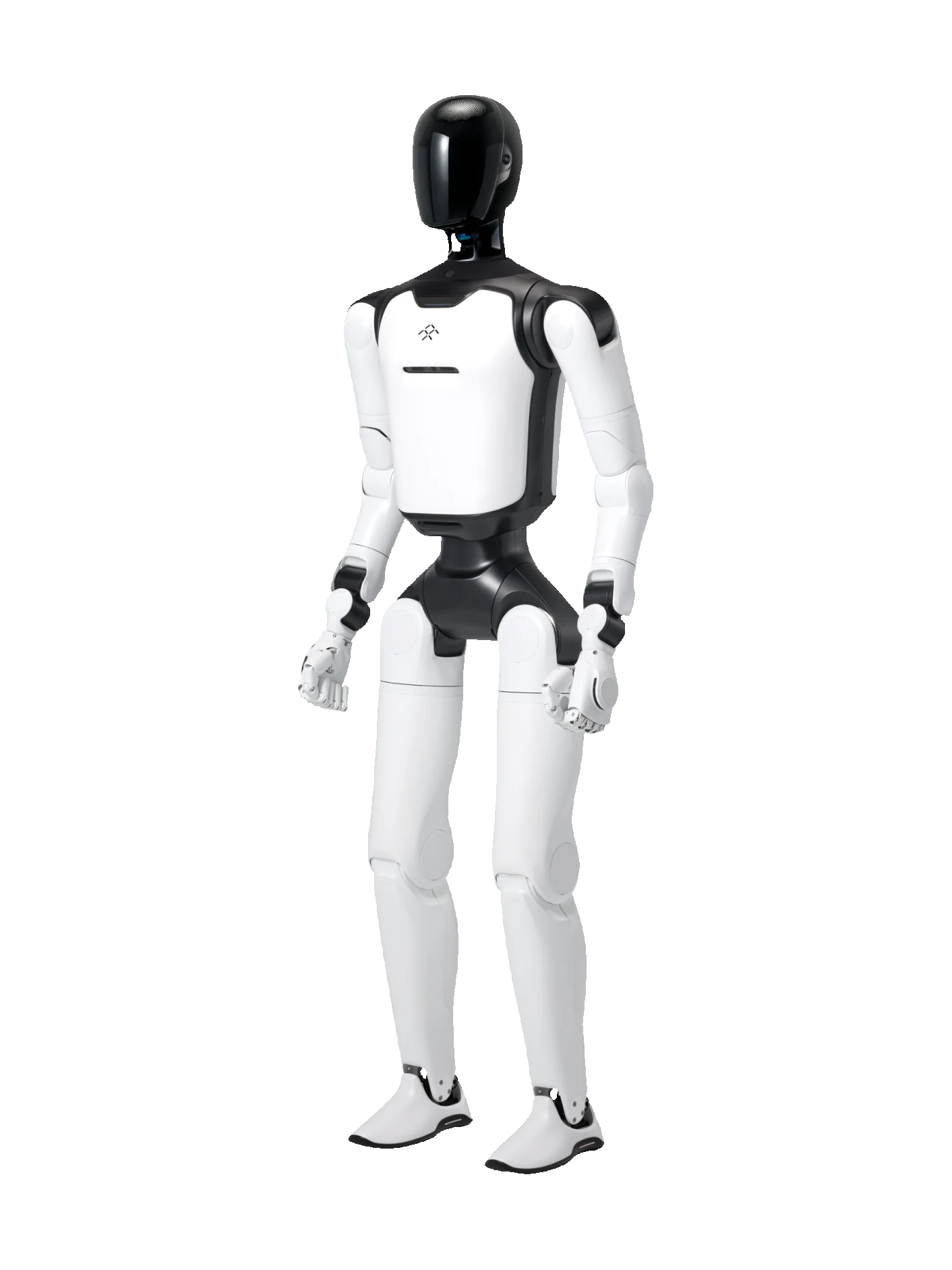 Faraday Future All-New Futurist, white humanoid with a glossy black oval head, a black shoulder and hip frame, white arms and legs, articulated white hands and white shoes, standing, seen at an angle from the front, manufacturer studio image