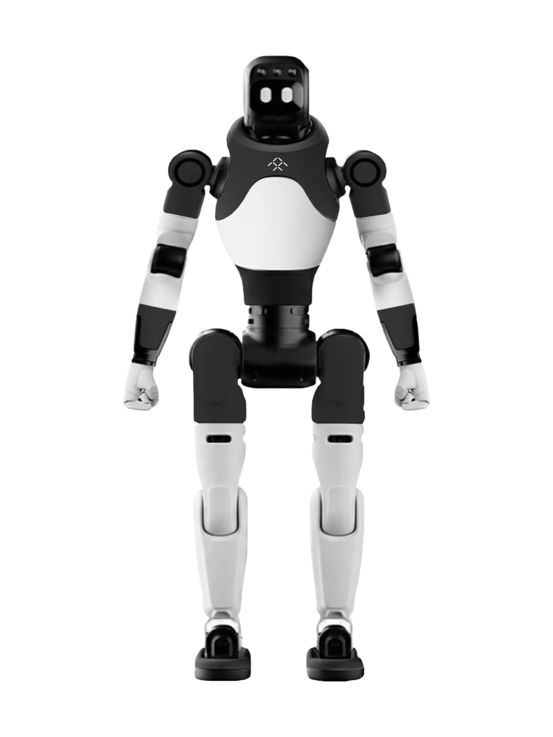Faraday Future FF Master, white and black bipedal humanoid with a black head, standing with its arms down, seen from the front, manufacturer image