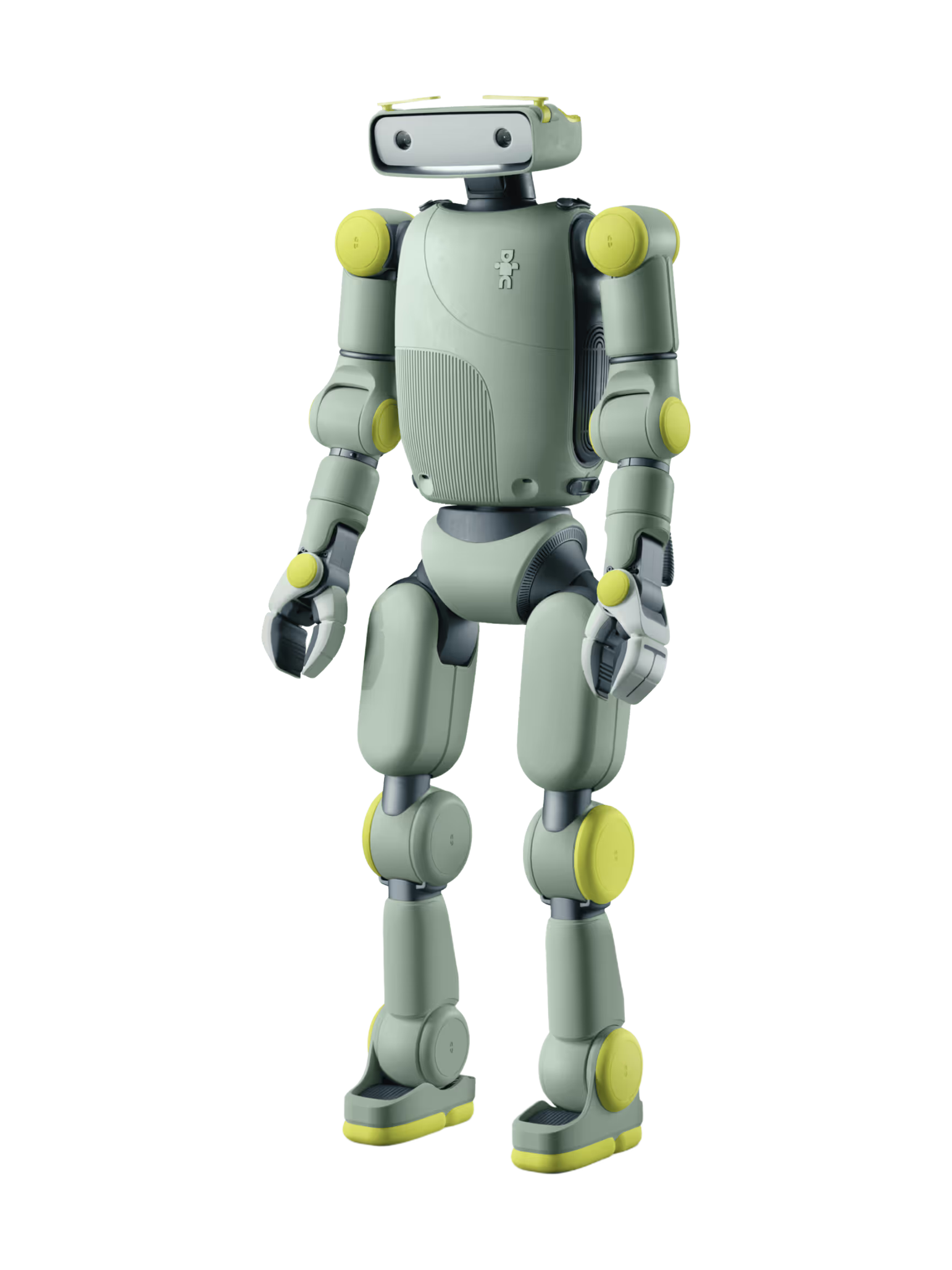 Fauna Robotics Sprout, sage-green humanoid with a wide rectangular head with two round camera eyes and yellow antennae, yellow joint caps on the shoulders, elbows and knees, gripper hands and yellow soles, standing, seen at an angle from the front, manufacturer rendering