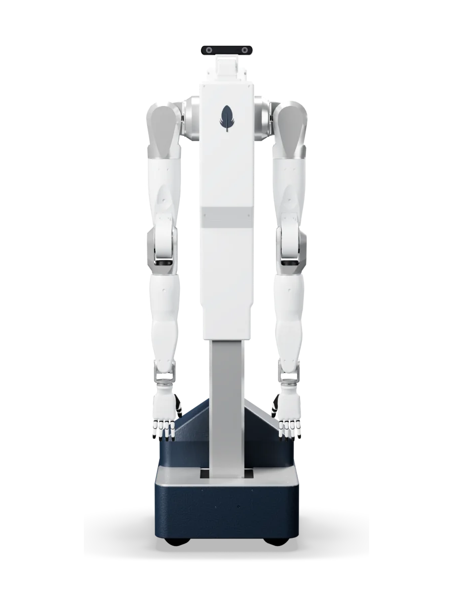 Feather Robotics Feather, white robot with two arms on a tall white column above a dark blue wheeled base, seen from the front, manufacturer rendering