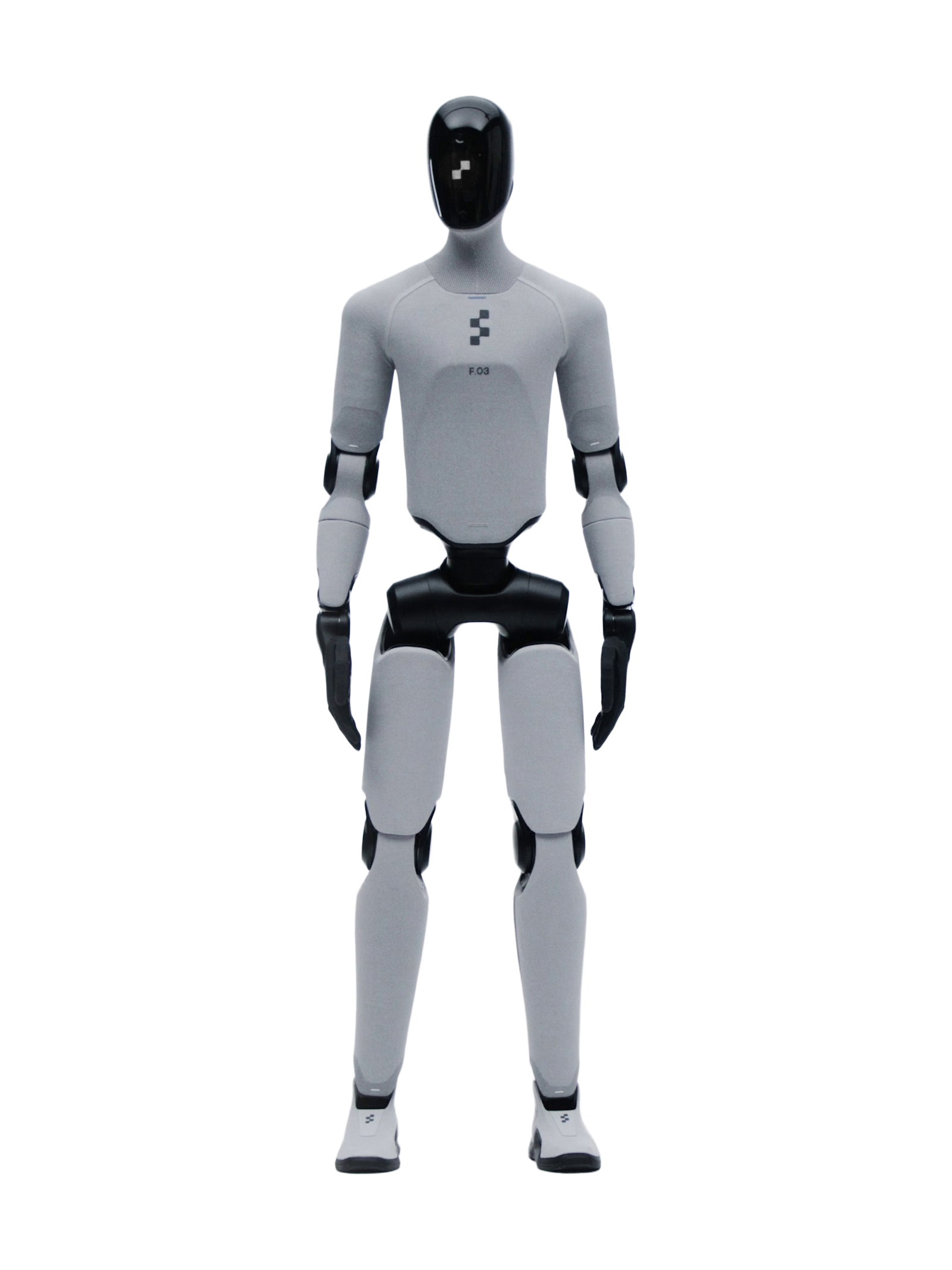 Figure 03, bipedal humanoid with a light grey knitted cover, a glossy black faceless helmet, black hips, hands and joints and white shoes, standing, seen from the front