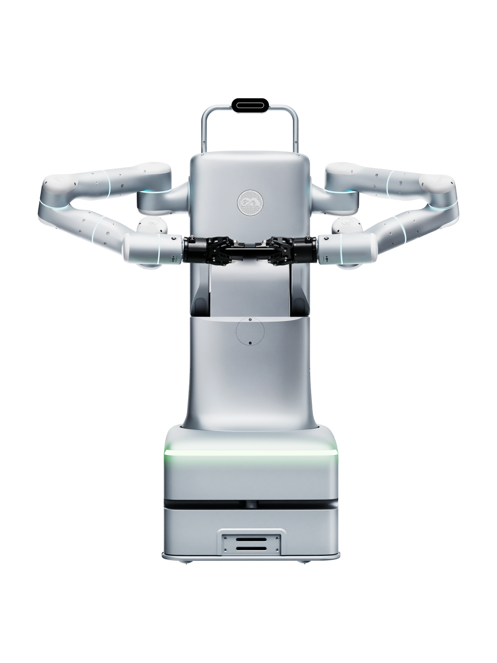 Flexiv AICO 2, silver-grey dual-arm robot with a box-shaped torso with the Flexiv logo and a carrying handle on top, on a column on a square base with a green light strip, seen from the front, manufacturer image