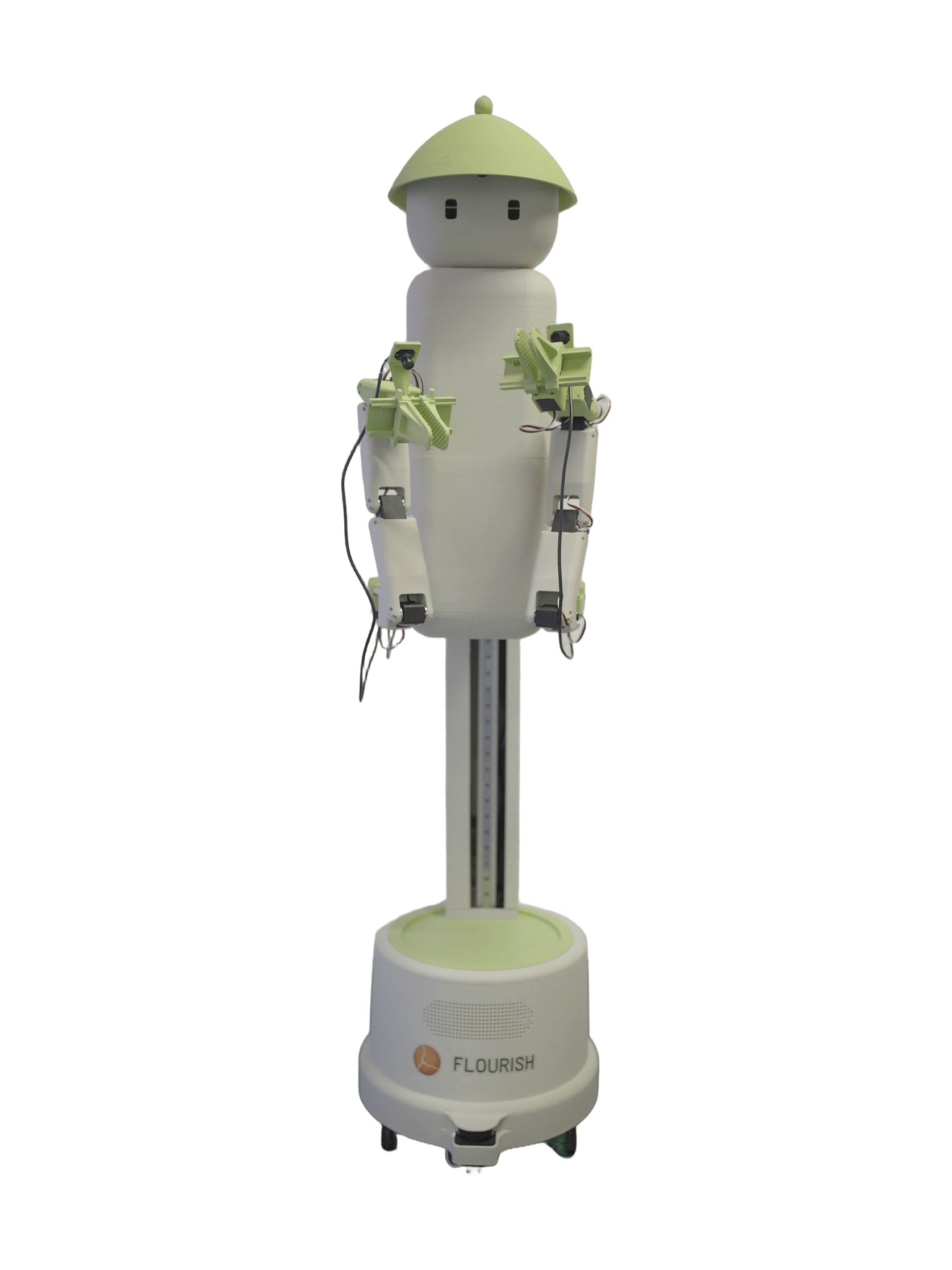 Flourish 1, white robot with a light green hat and light green gripper arms on a white column above a round base with wheels, seen from the front, manufacturer photo