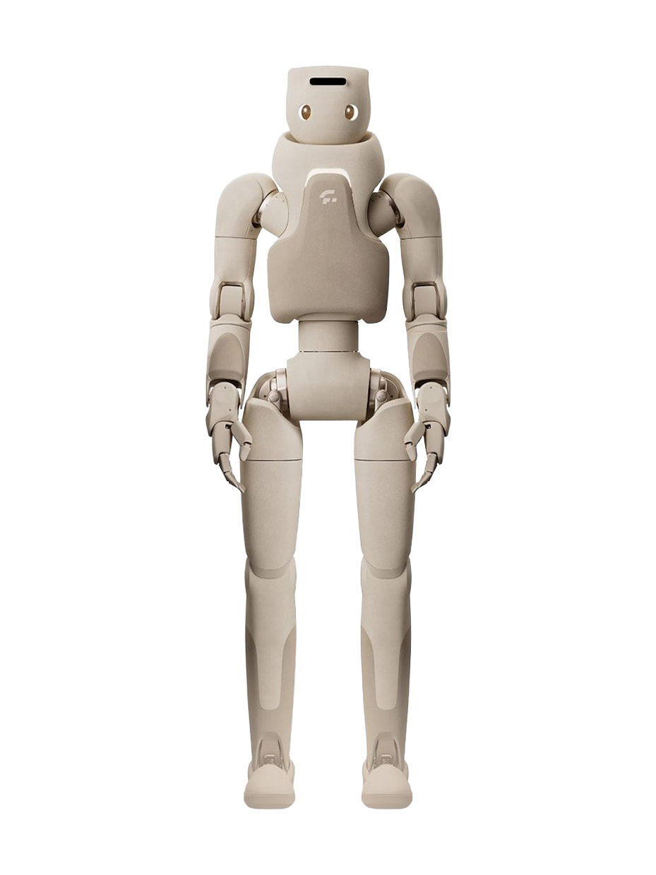 Fourier GR-3, beige bipedal humanoid robot with a soft padded cover, seen from the front, product image