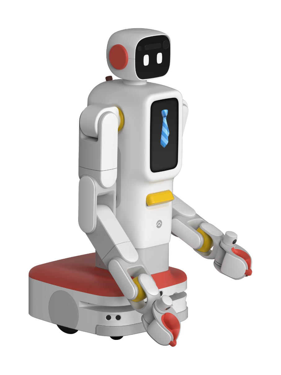 Futuring F2, white wheeled robot with a round head with a black face screen showing two white eyes, a red ear pad, a white torso with a screen showing a blue necktie, two white arms with yellow joints and red grippers, on a red and white mobile base, seen at an angle from the front, manufacturer rendering