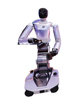 Galaxea Nexo, silver dual-arm robot with a glossy black head, on a folding column on a silver wheeled base, holding a dark object in each hand, seen from the front, press photo