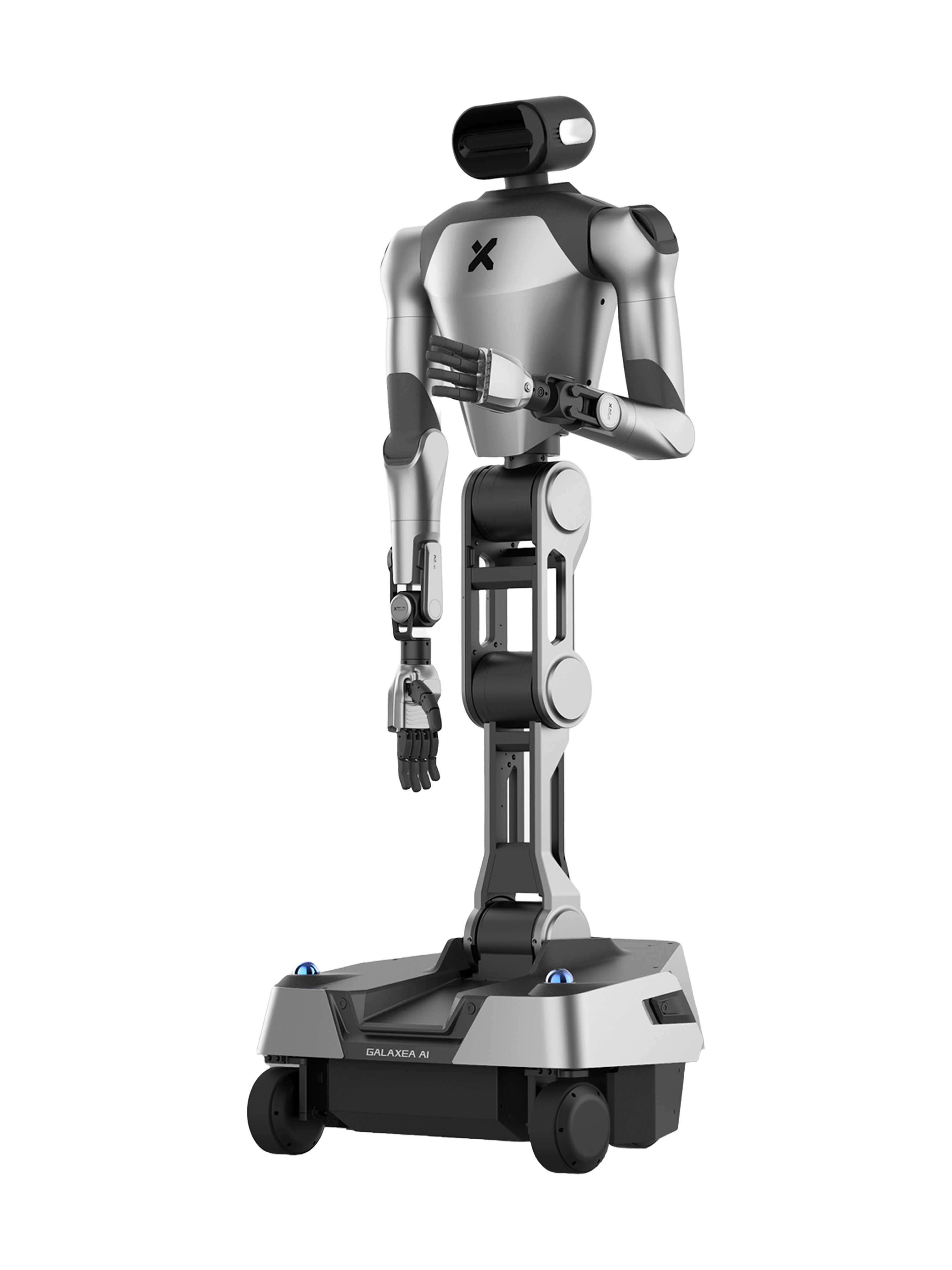 Galaxea R1 Pro, silver two-armed humanoid robot with hands on a jointed torso and wheeled base, manufacturer product image