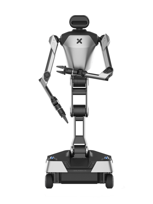 Galaxea R1, two-armed humanoid robot with grippers on a jointed torso and wheeled base, manufacturer product image