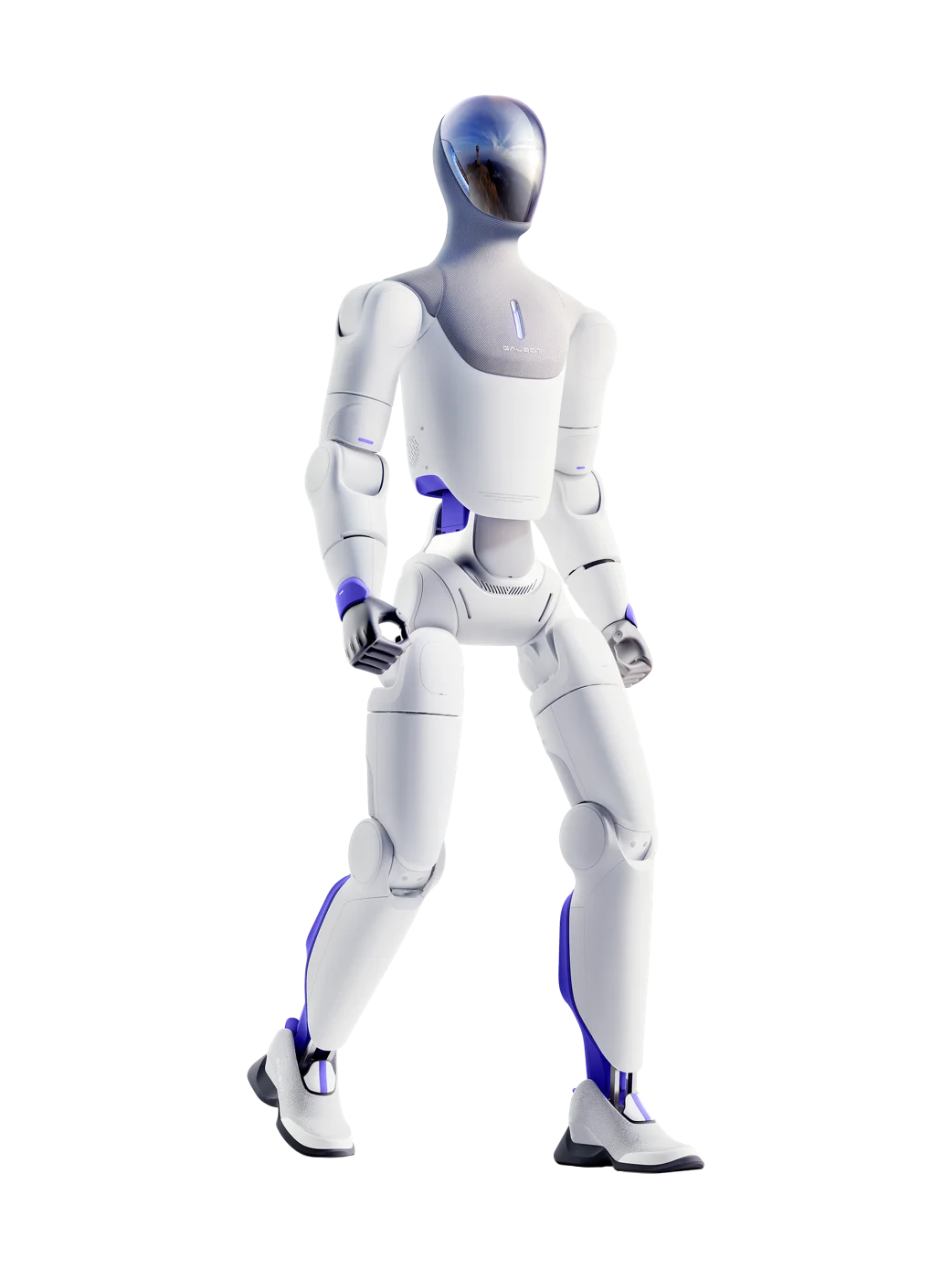 Galbot ET1, white bipedal humanoid robot with a glossy visor head, manufacturer product image