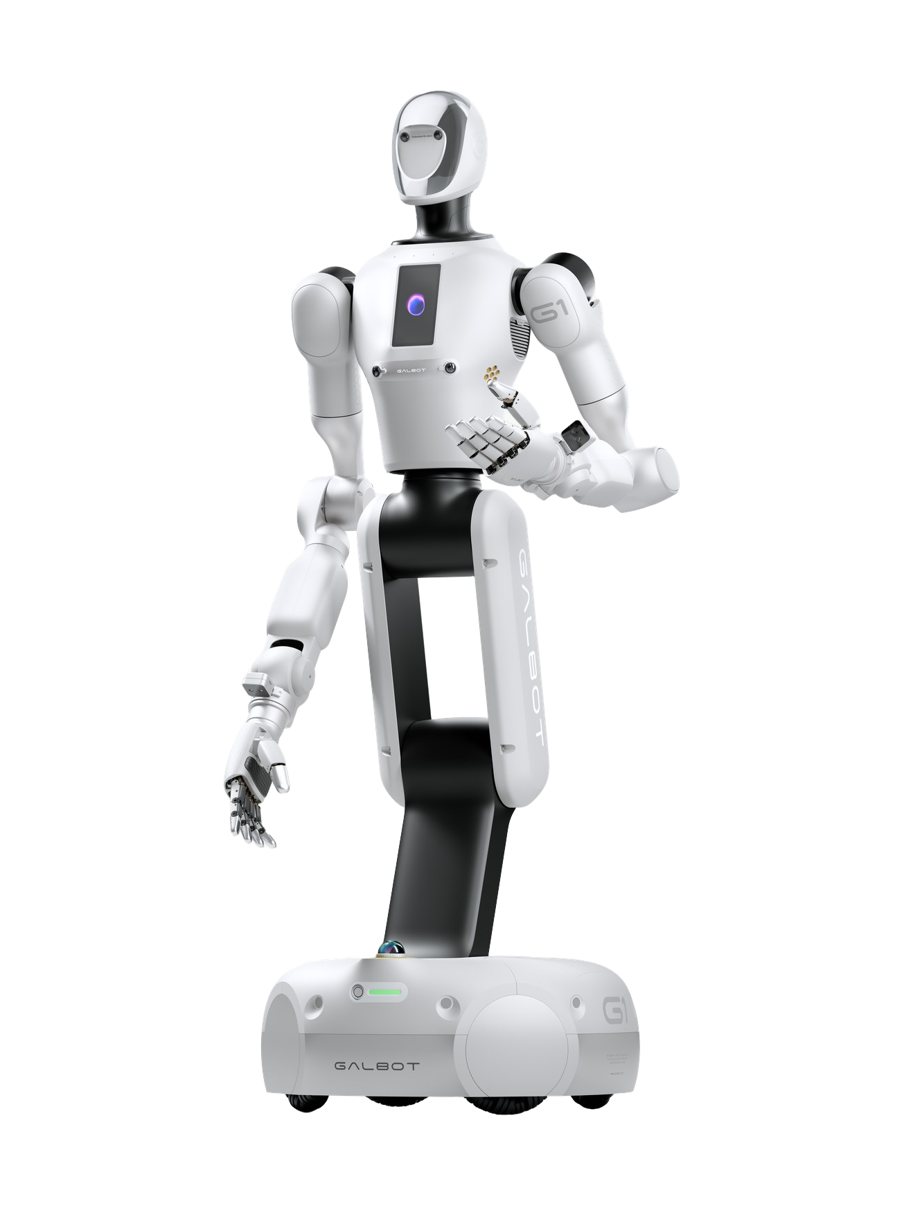 Galbot G1, two-armed humanoid robot on a lifting column and wheeled base, manufacturer product image