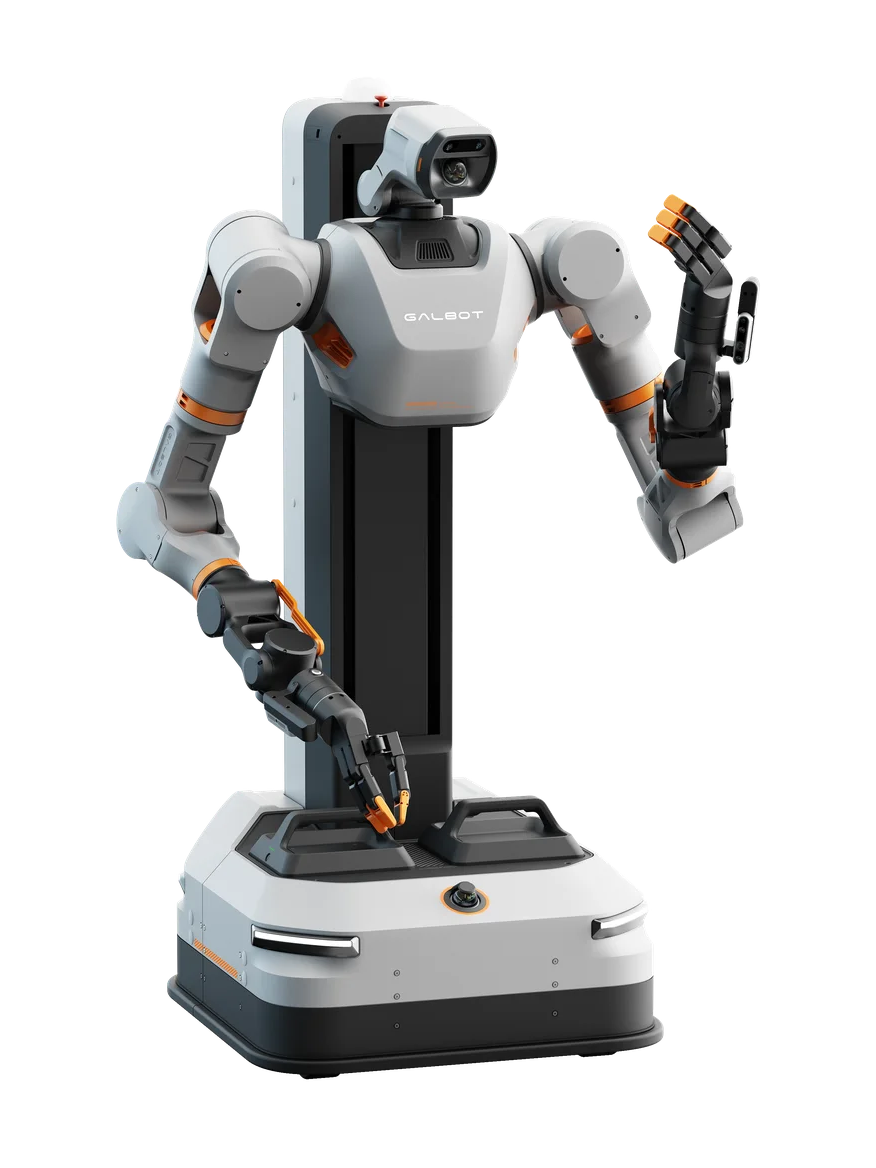 Galbot S1, two-armed humanoid robot on a tall column and wheeled base, manufacturer product image