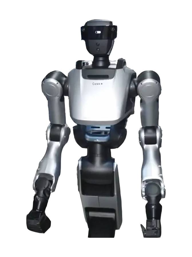Geekplus Gino 1, silver and black humanoid with a black head with a camera band, a silver chest with the Geek+ logo and two arms with grippers, on a black and silver column, seen from the front, cropped above the wheeled base, still from the manufacturer's video