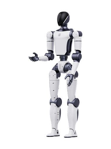 Gelanruo C1, white and dark grey bipedal humanoid with a black oval faceless head, standing with one arm held out with an open hand, seen at an angle from the front, manufacturer image
