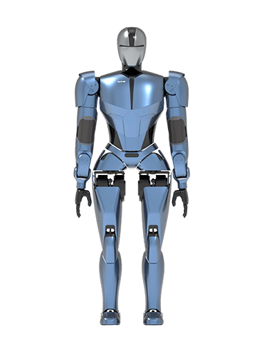 Gelanruo M1, metallic blue bipedal humanoid with a silver-grey faceless head, black hands and its arms down along the body, standing, seen from the front, manufacturer image