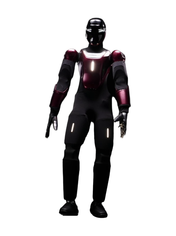 Generative Bionics GENE.01, black and burgundy bipedal humanoid with a black helmet head and light strips on the chest and thighs, walking towards the camera, seen from the front, still from the manufacturer video