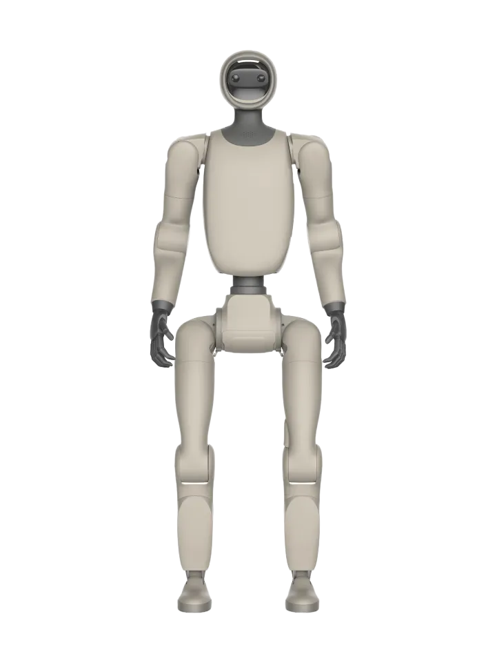 GENISOM Yinyi NE01 Pro, beige bipedal humanoid with a round helmet-like head with a black face panel with two camera eyes, black hands and its arms down along the body, standing, seen from the front, manufacturer rendering