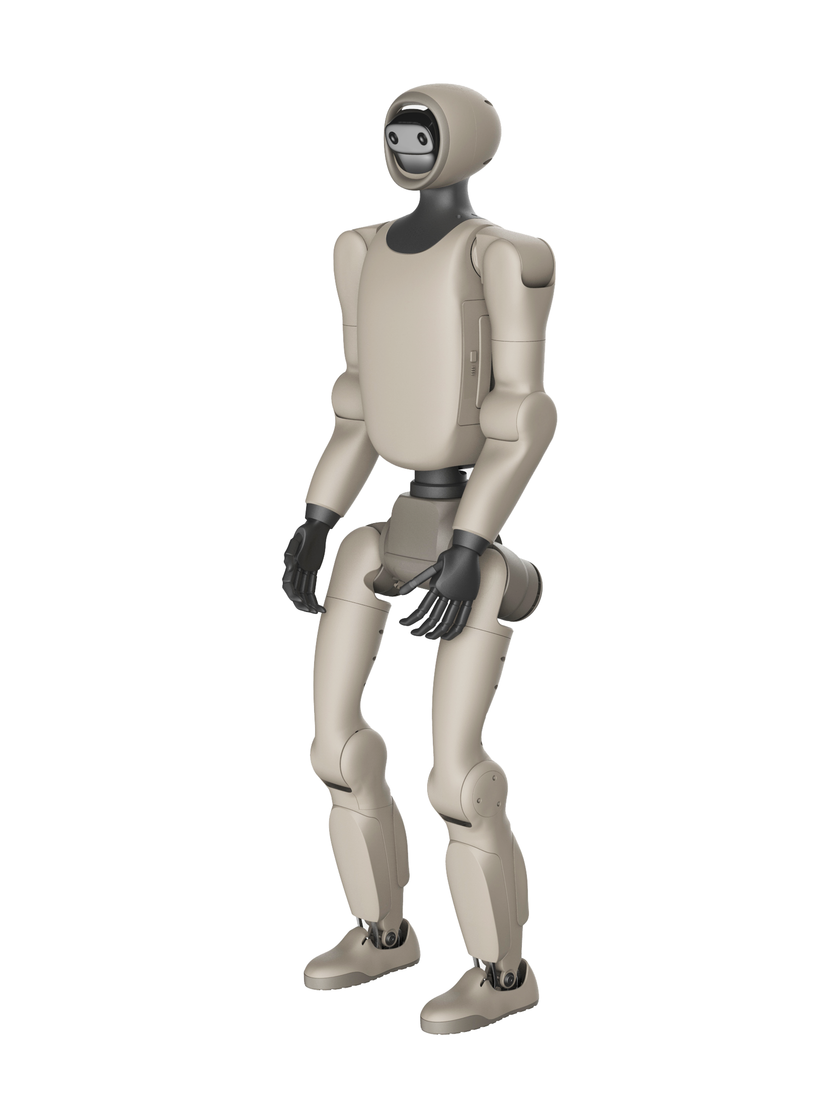 GENISOM Yinyi NE01, beige bipedal humanoid with a round helmet-like head with a black face panel with two camera eyes, black hands and bent knees, standing, seen at an angle from the front, manufacturer rendering