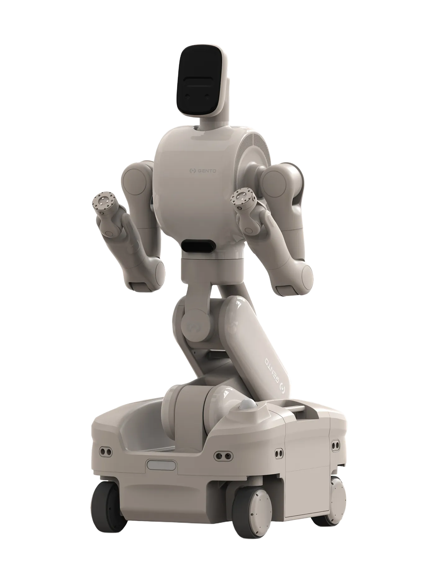 Gento Luna, beige humanoid upper body with a black screen head on a jointed arm above a wheeled base, seen at an angle from the front, manufacturer rendering